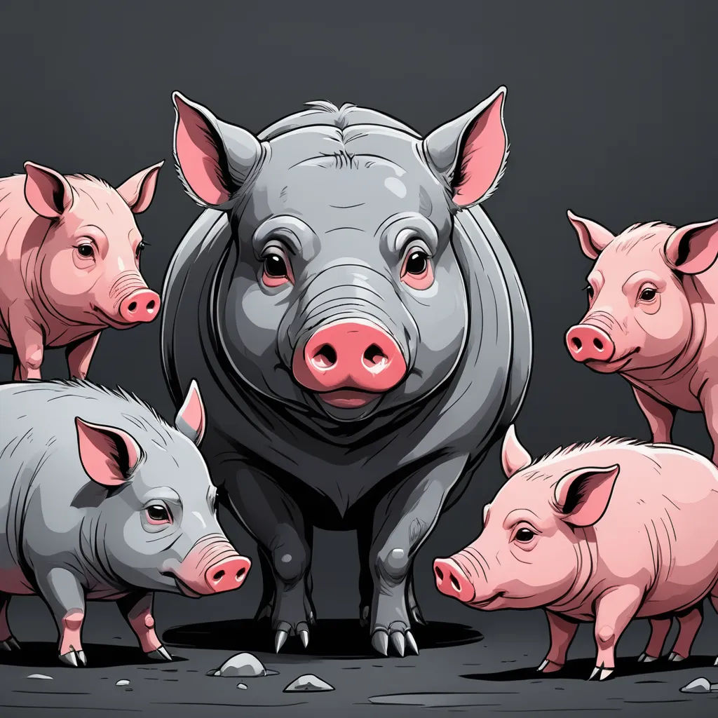 a group of pigs standing next to each other on a field of dirt and rocks, with a pig's face partially hidden in the pig's ear, incoherents, an ambient occlusion render, Diego Gisbert Llorens, detailed illustration