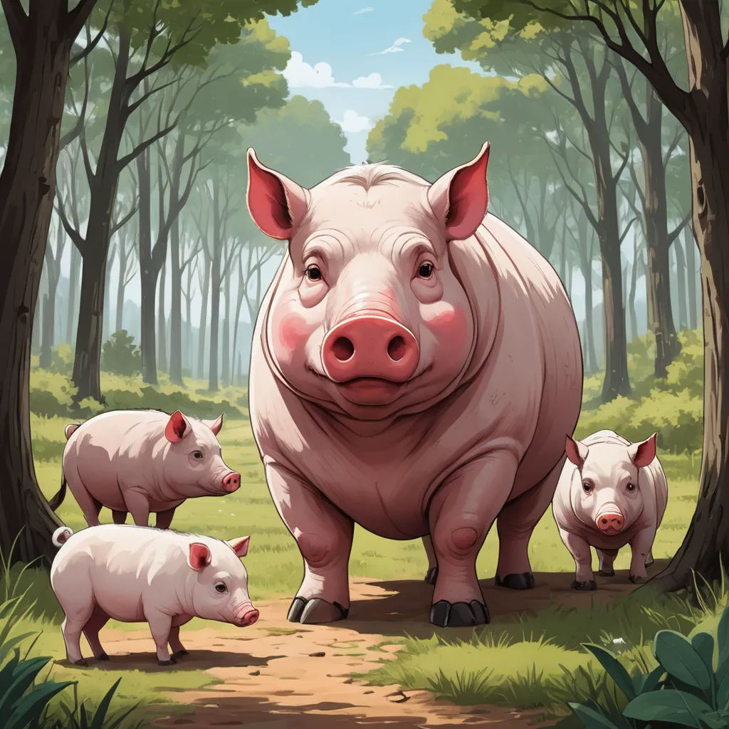 a pig and her two babies in a forest with trees and grass, and a pig with two smaller pigs, sots art, a storybook illustration, David Young Cameron, game art