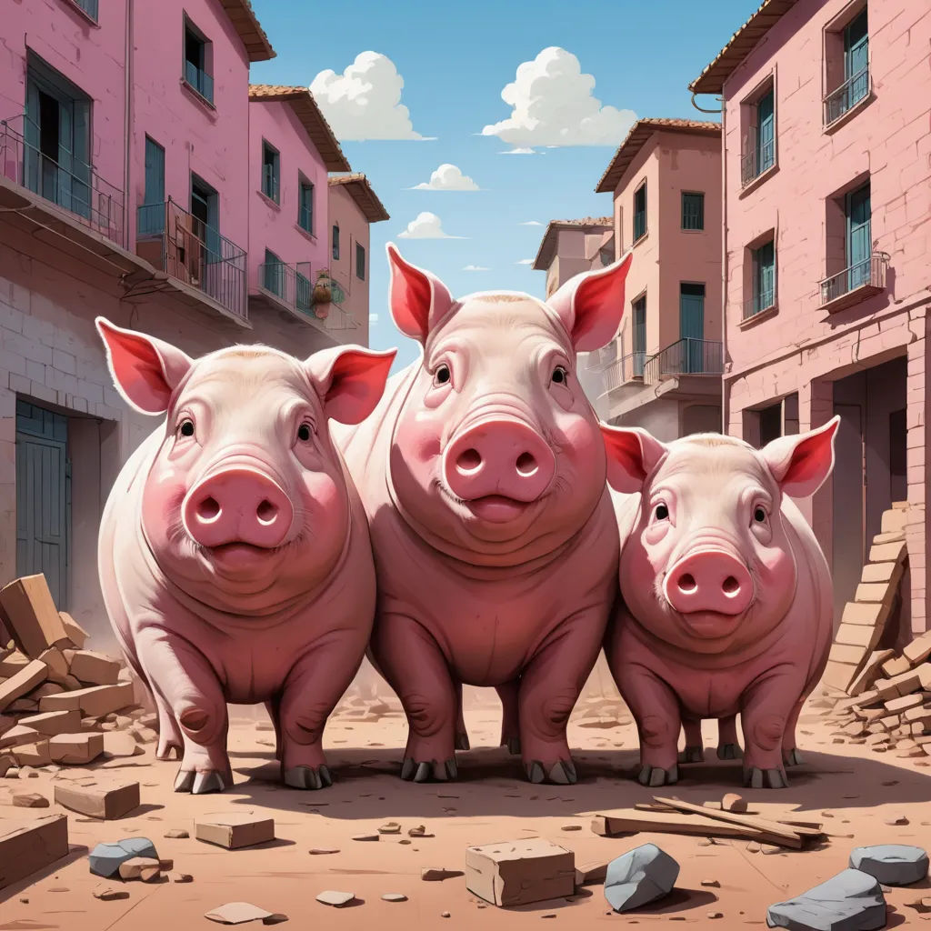 three pigs standing in a courtyard with a sky background and buildings in the background, with a few pink bricks scattered around them, fantastic realism, a storybook illustration, Diego Gisbert Llorens, highly detailed digital painting