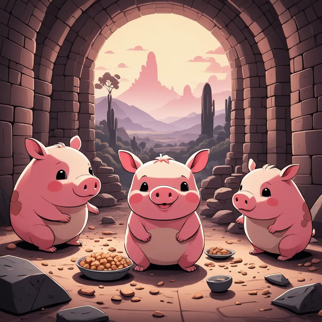three pigs sitting in a tunnel eating food from a plate of food on the ground next to them is a cactus and a mountain, sots art, a storybook illustration, Dan Mumford, 2 d game art