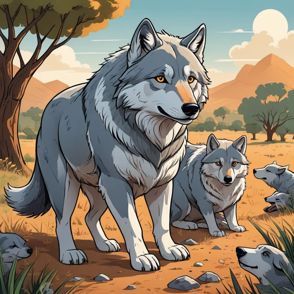 a wolf family standing in the middle of a field with trees and rocks in the background, with a sky background, furry art, an album cover, Dan Mumford, comic cover art