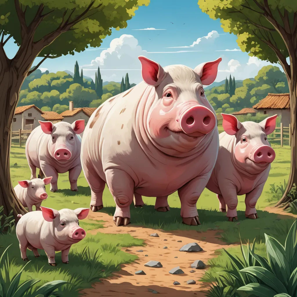 a pig and her four babies are standing in the grass near a tree and a house with a roof, sots art, a storybook illustration, Chris LaBrooy, 2 d game art