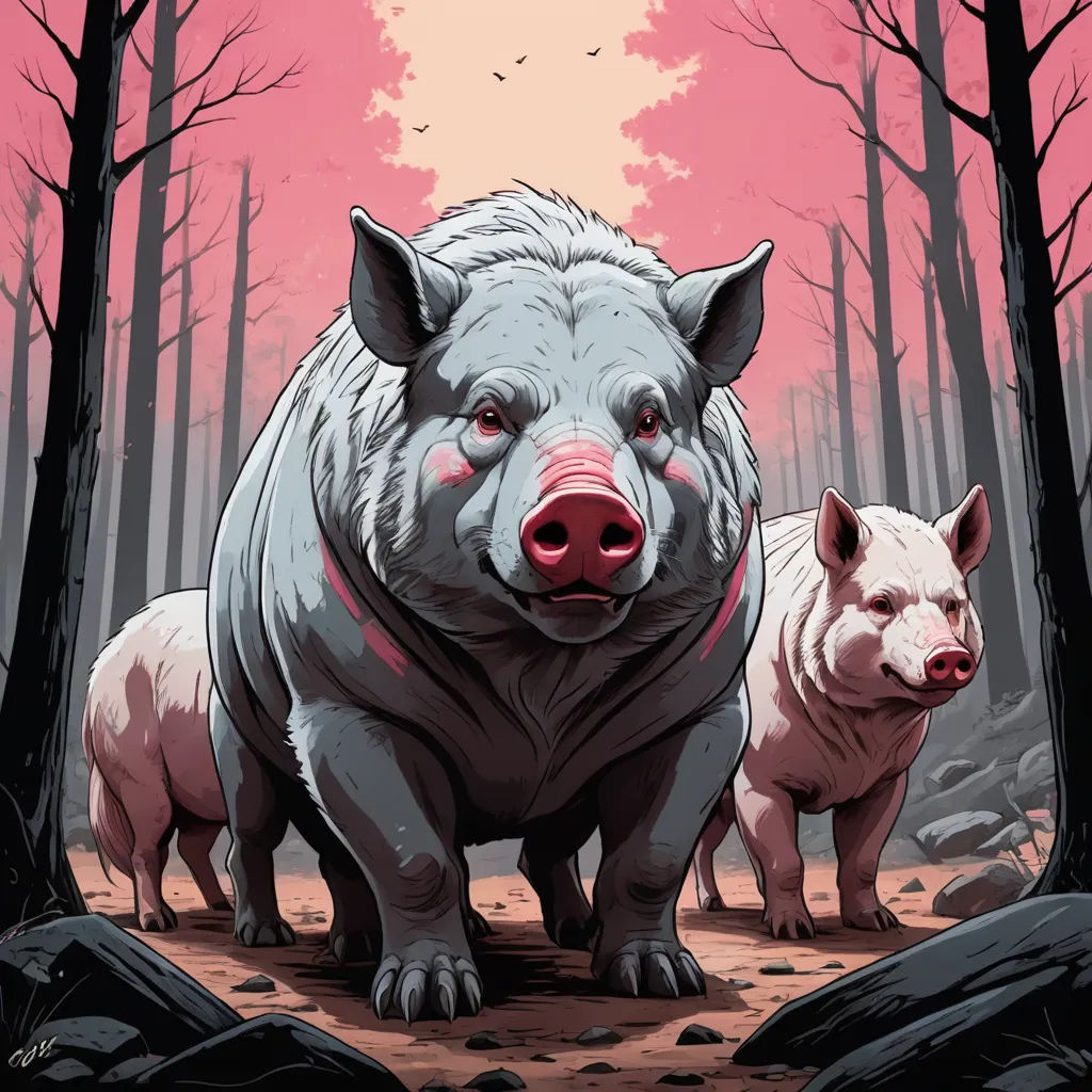 a pig and a pig pig are standing in the woods with trees and rocks in the background, and a pink sky is in the background, primitivism, an album cover, Dan Mumford, josan gonzales and dan mumford