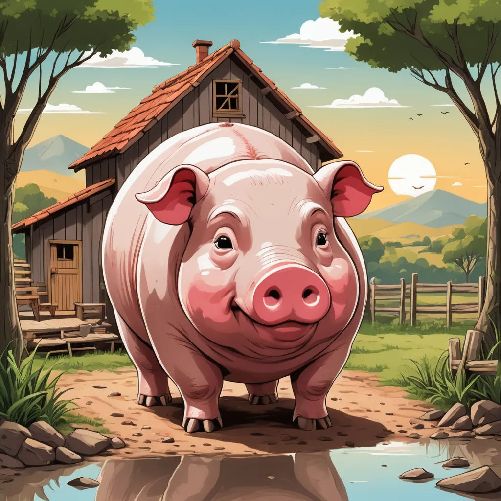 a pig standing in front of a house with a pond in front of it and a tree in the background, precisionism, a storybook illustration, Dan Mumford, 2 d game art