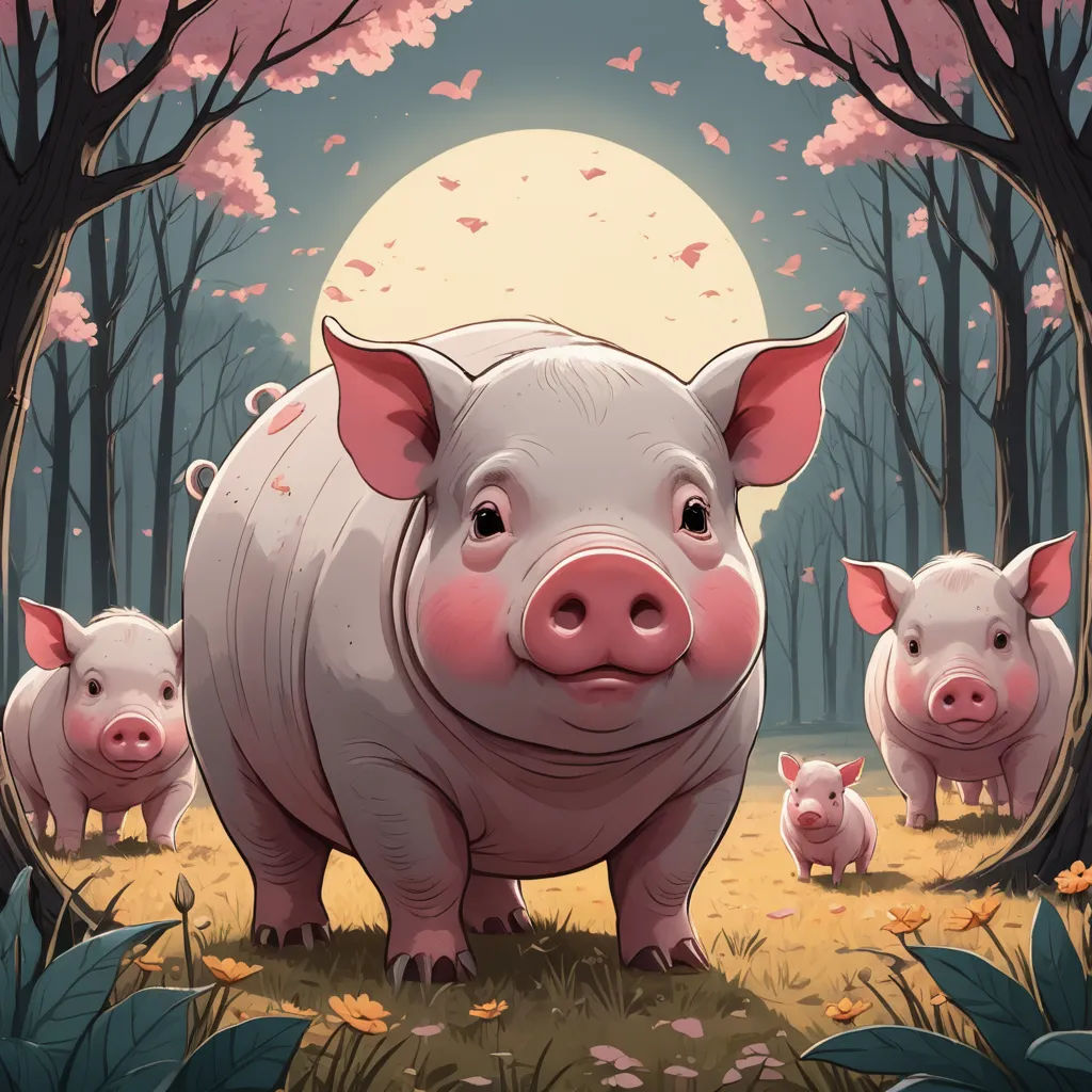a pig and her two babies in a forest with a full moon in the background and trees with pink flowers, sots art, a storybook illustration, Dan Mumford, rossdraws global illumination