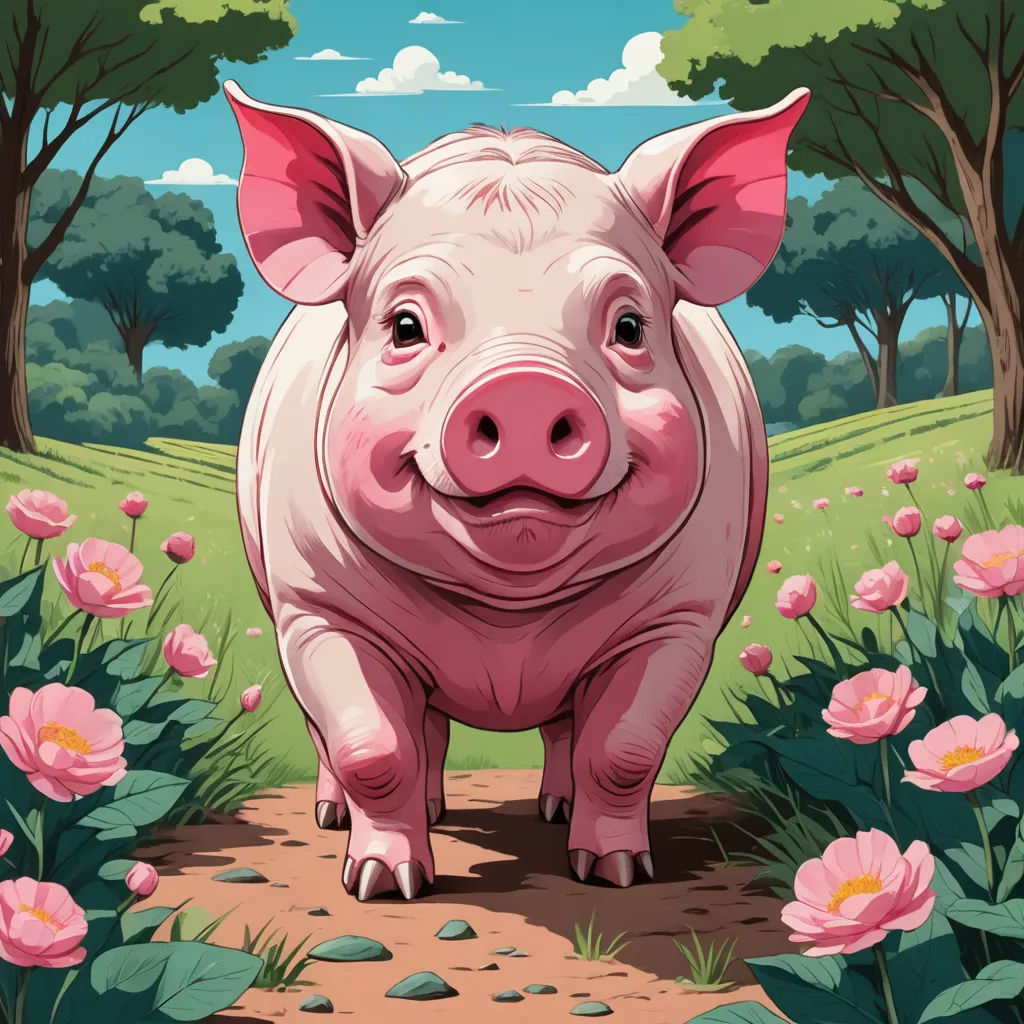a pig standing in a field of flowers and trees with a sky background and clouds above it, with a path leading to a pig, sots art, a storybook illustration, Chris LaBrooy, storybook illustration