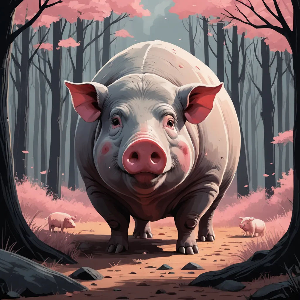 a pig standing in a forest with pink trees and rocks on the ground and a pig with its mouth open, primitivism, a storybook illustration, Diego Gisbert Llorens, rossdraws global illumination