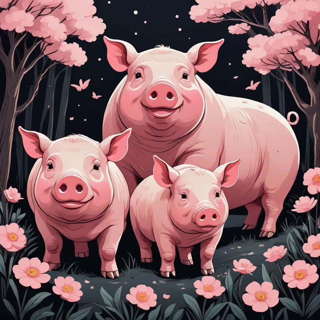 a couple of pigs standing next to each other in a field of flowers and trees with butterflies on them, pop surrealism, a storybook illustration, Diego Gisbert Llorens, josan gonzales and dan mumford