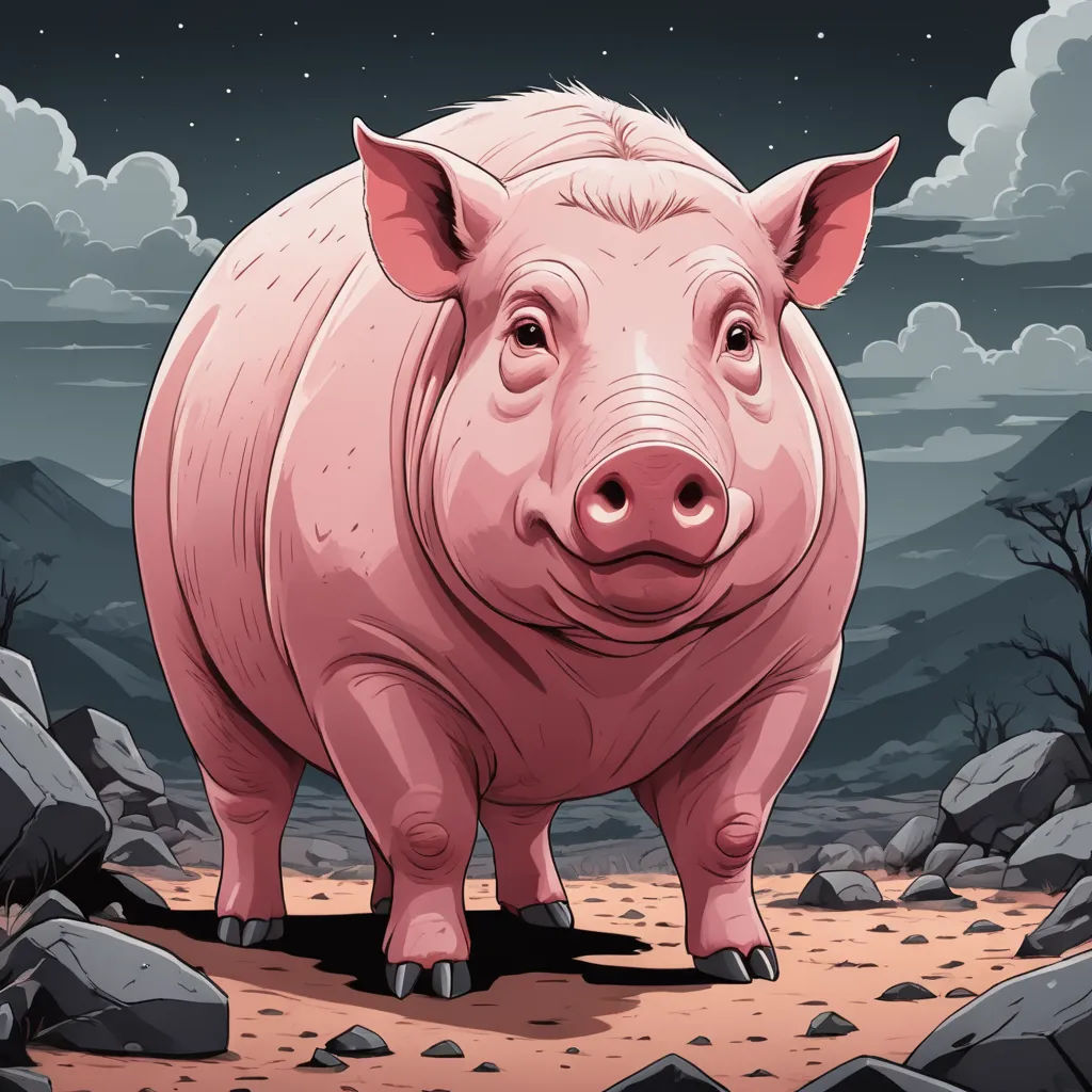 a pig standing on a dirt ground with rocks and a sky background with stars and clouds in the sky, massurrealism, an ambient occlusion render, Dan Hillier, laurie greasley
