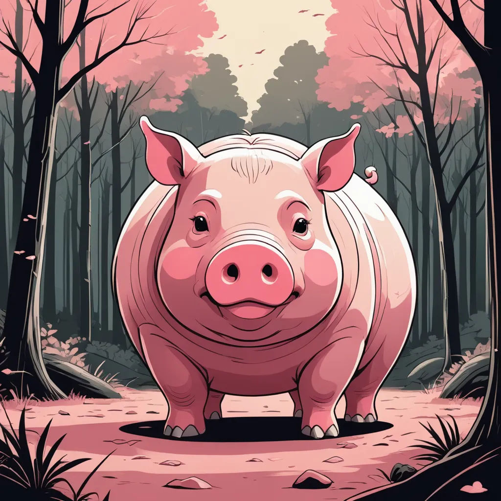 a pig standing in the middle of a forest with trees and leaves on the ground and a pink sky, primitivism, a storybook illustration, Diego Gisbert Llorens, rossdraws global illumination