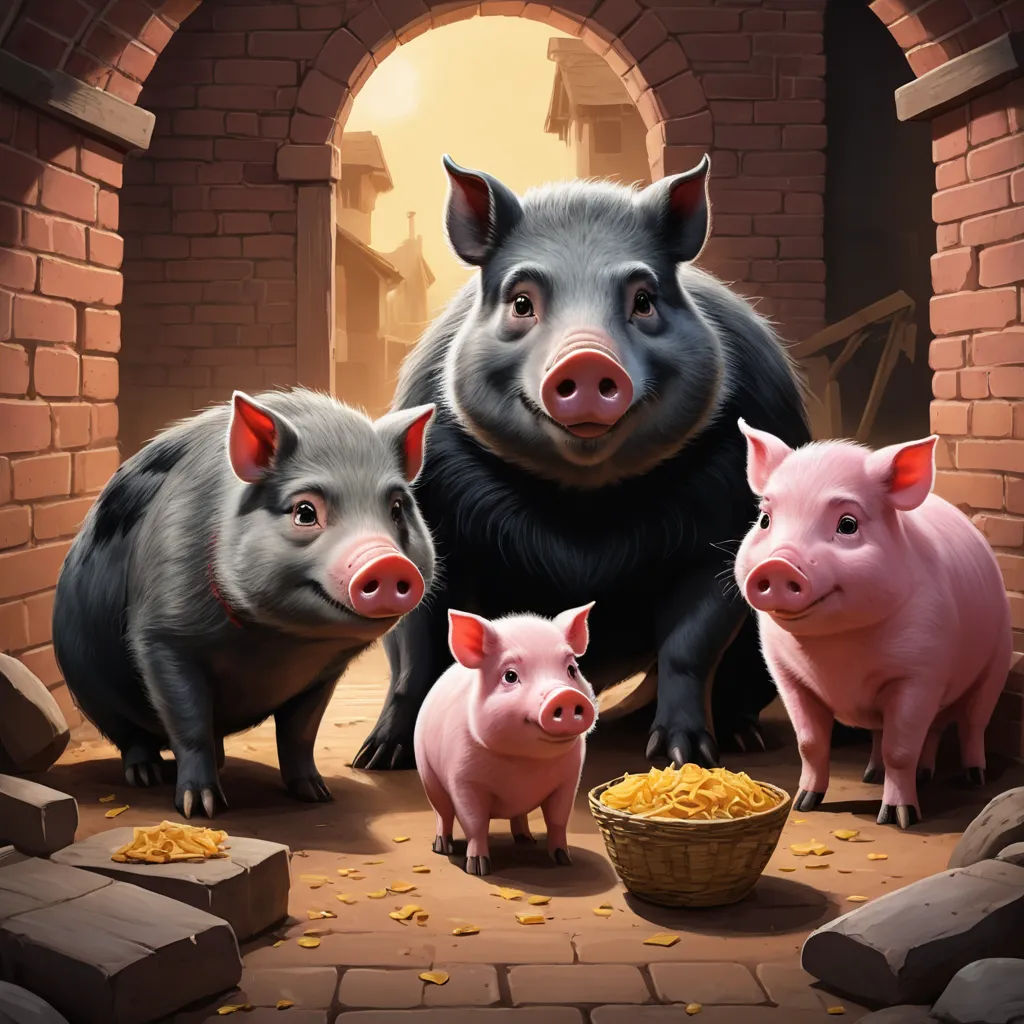 a group of pigs standing next to each other in a brick room with a brick wall and a brick archway, sots art, a storybook illustration, David Teniers III, hearthstone