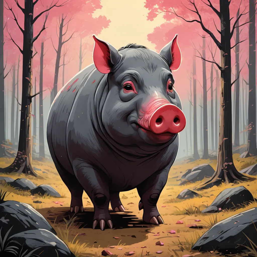 a pig standing in a forest with trees and rocks in the background and a pink sky in the background, altermodern, a character portrait, Dan Mumford, high detail illustration