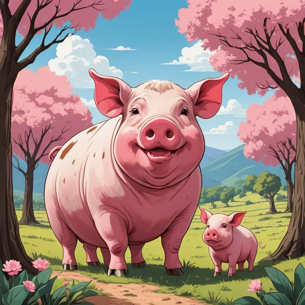 a pig and a pig pig are standing in the grass near trees and flowers, with a mountain in the background, precisionism, a storybook illustration, Dan Mumford, josan gonzales and dan mumford