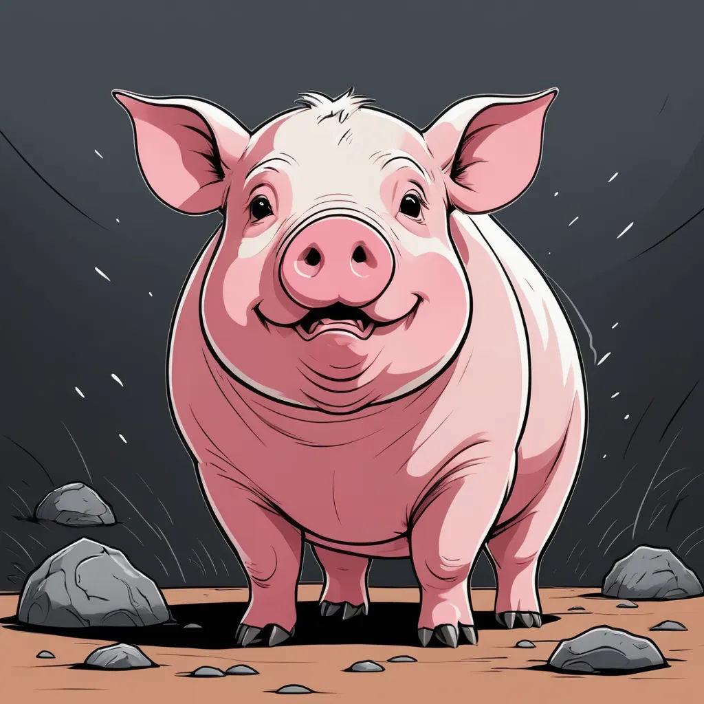 a pig standing on a dirt ground with rocks around it and a black background with a white outline of a pig, sots art, a character portrait, Diego Gisbert Llorens, 2 d game art