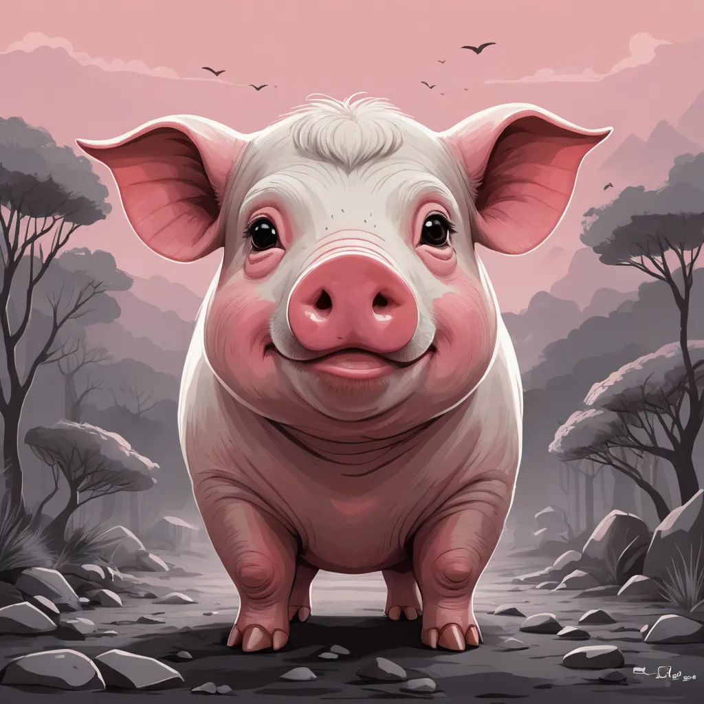 a pig with a pink background and a pink sky behind it, with a bird flying over it, and a pink sky with a pink background, fantasy art, a character portrait, Diego Gisbert Llorens, ultra realistic illustration