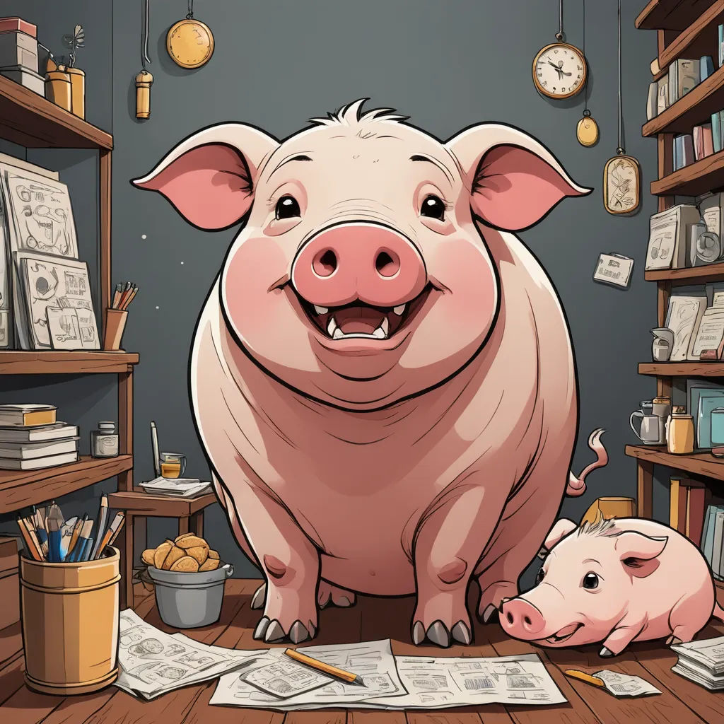 a pig and a pig pig are standing in a room with books and papers on the floor and a clock on the wall, sots art, a storybook illustration, Diego Gisbert Llorens, storybook illustration