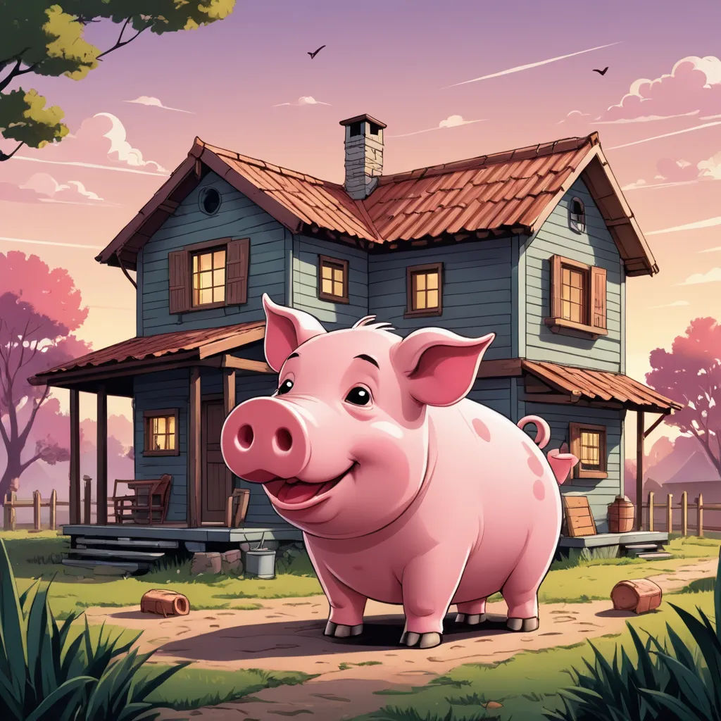 a pig standing in front of a house with a bird flying overhead in the background of the picture is a pink pig, sots art, a storybook illustration, Chris LaBrooy, storybook illustration