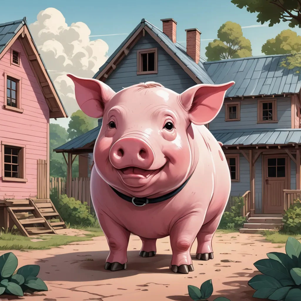 a pig standing in front of a house with a pig on the ground in front of it and a pig on the ground, american scene painting, a storybook illustration, Chris LaBrooy, storybook illustration