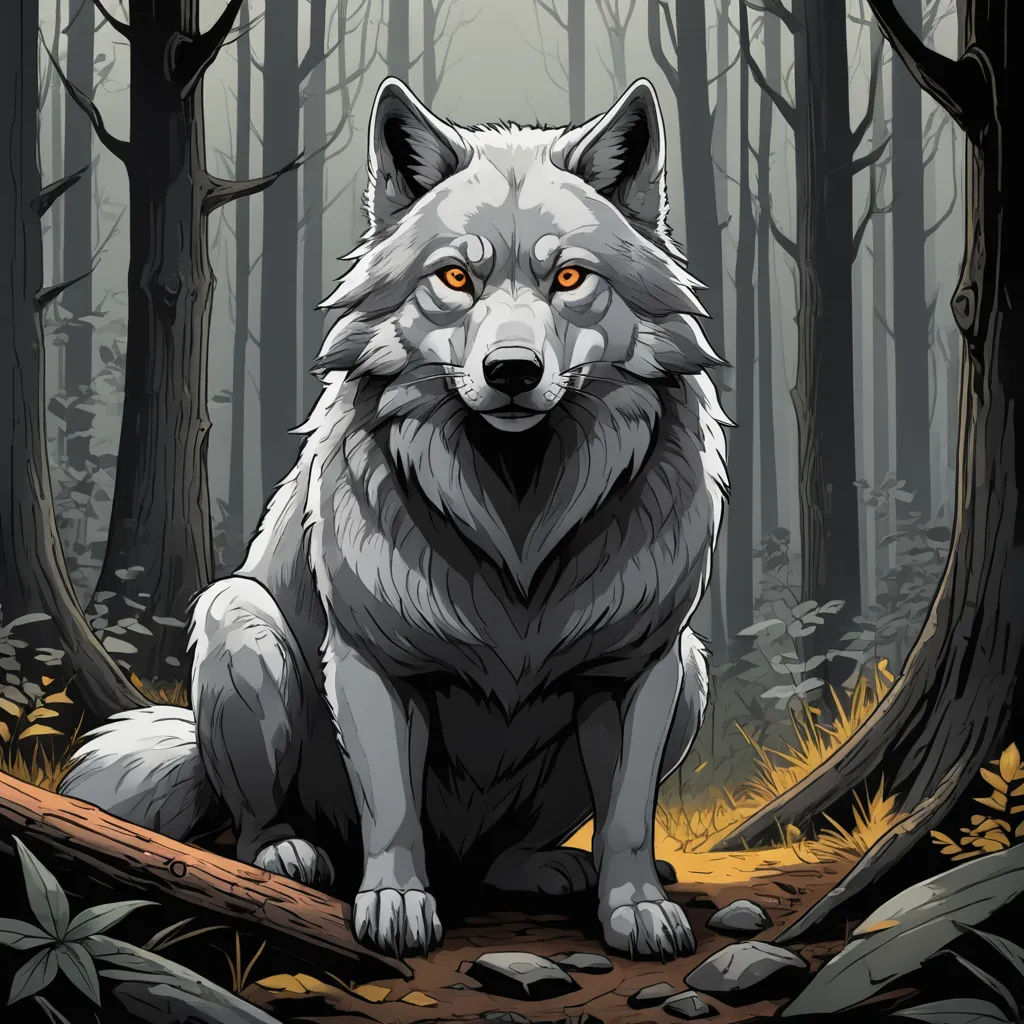 a wolf sitting on a log in a forest with trees and rocks in the foreground, with a yellow - eyed, orange - eyed, glowing, glowing, glowing, glowing, glowing,,,,,,,, furry art, a character portrait, Dan Mumford, official art