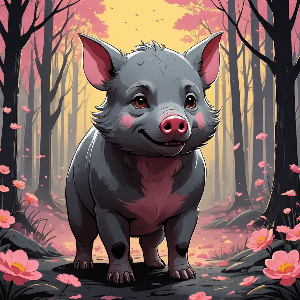 a pig standing in a forest with pink flowers on the ground and trees in the background with a yellow sky, sots art, a character portrait, Dan Mumford, rossdraws global illumination