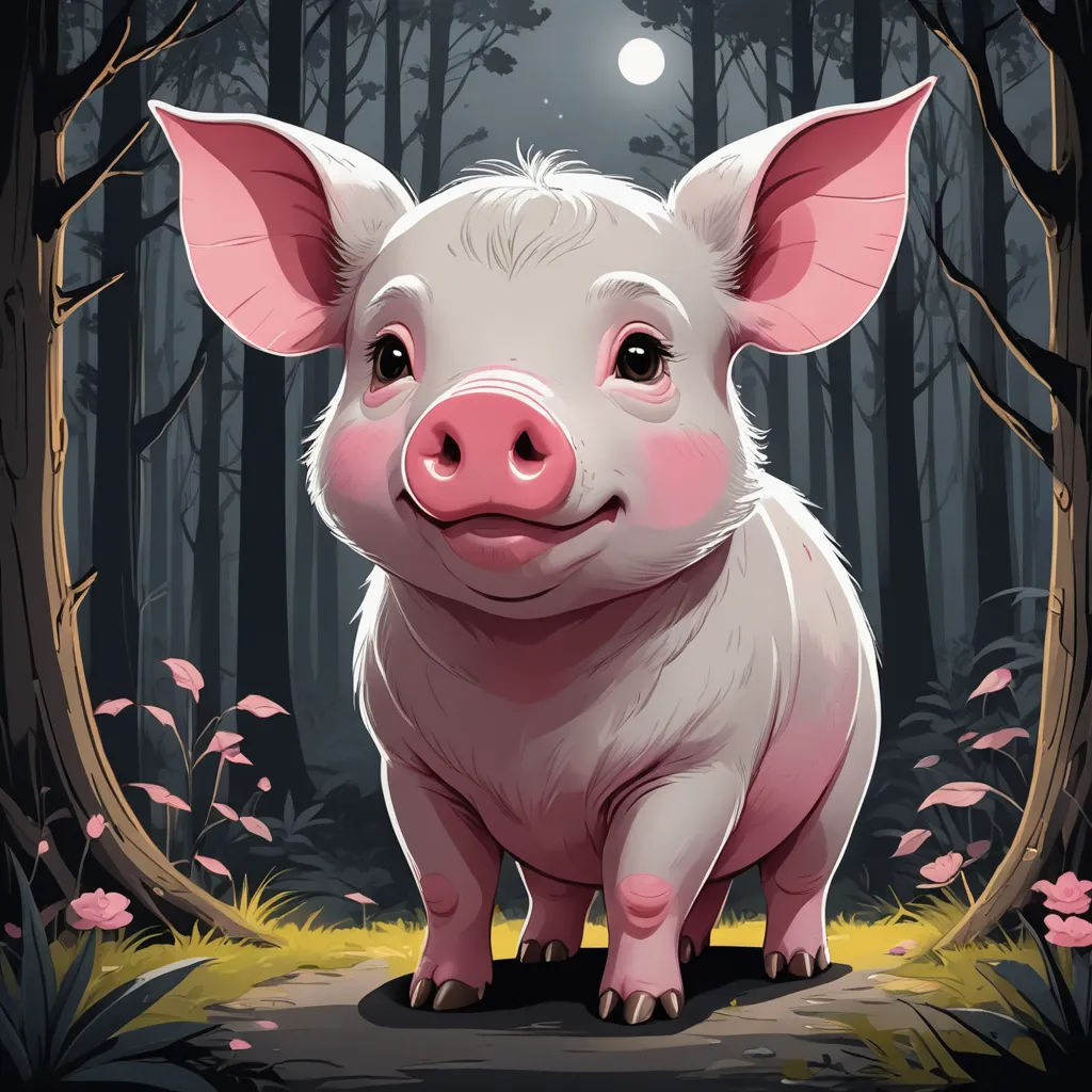 a pig is standing in the middle of a forest at night with a full moon in the background and a pink nose, fantasy art, a storybook illustration, Brom, storybook illustration