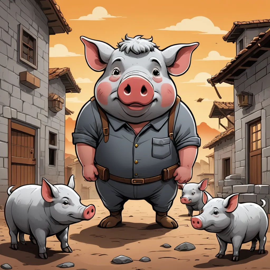 a pig with a man and three pigs in a village with a sunset in the background and a man in a military uniform, sots art, a storybook illustration, Diego Gisbert Llorens, 2 d game art