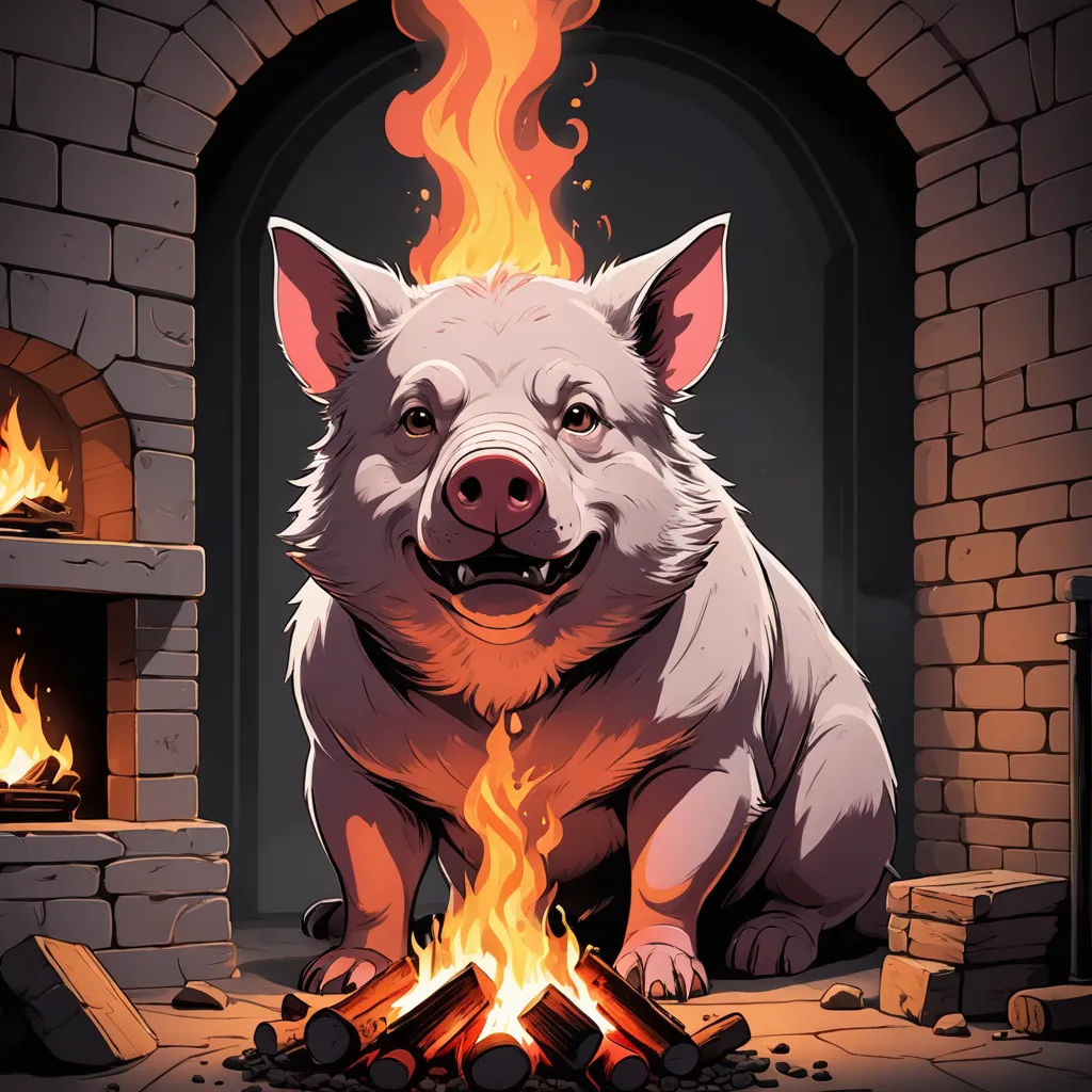a pig sitting in front of a fire in a fireplace with a brick wall and a fire place in the background, sots art, a character portrait, Brom, official art