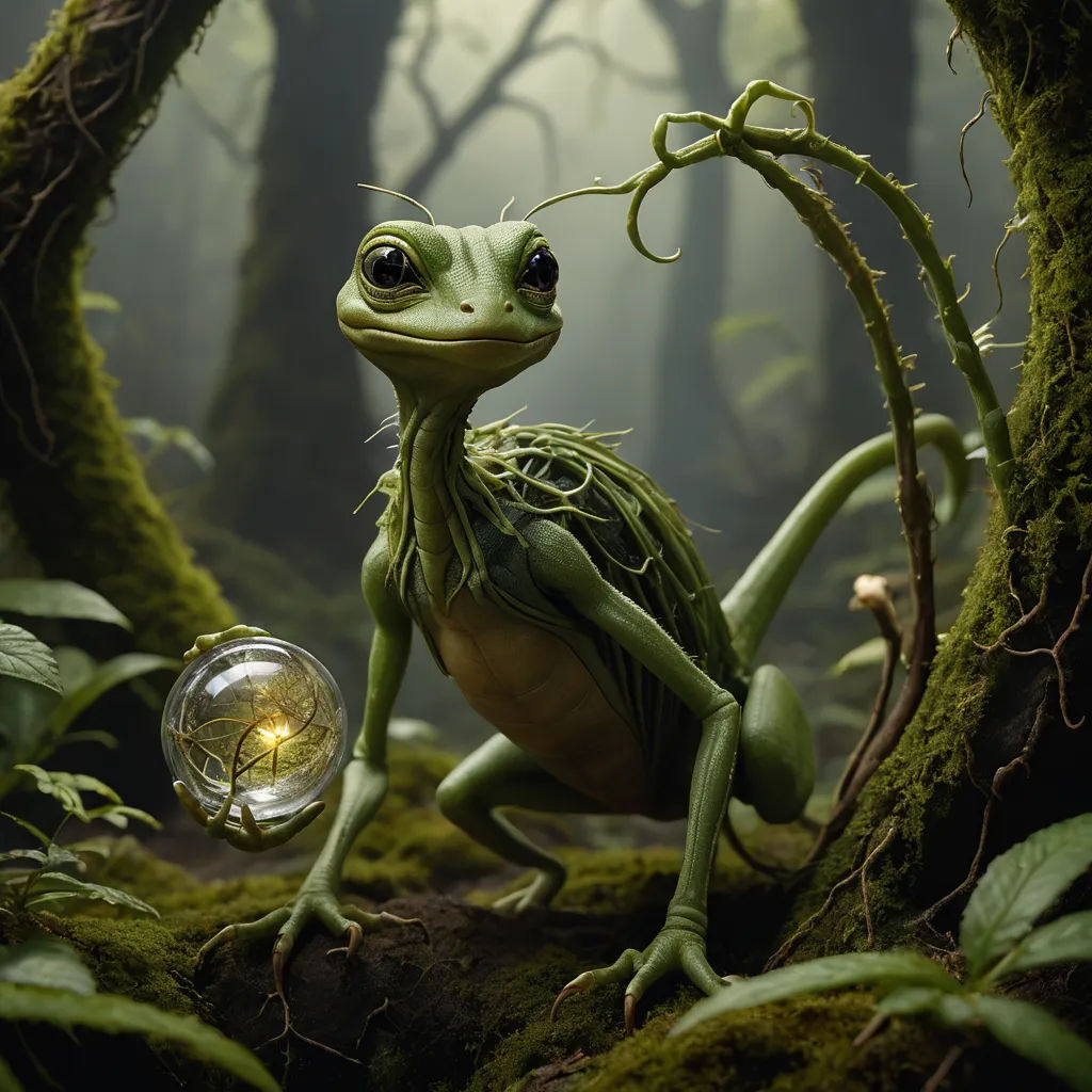 a frog with a light bulb in its mouth in the forest with moss and trees around it, with a light bulb in its mouth, environmental art, a 3D render, Chris LaBrooy, behance hd