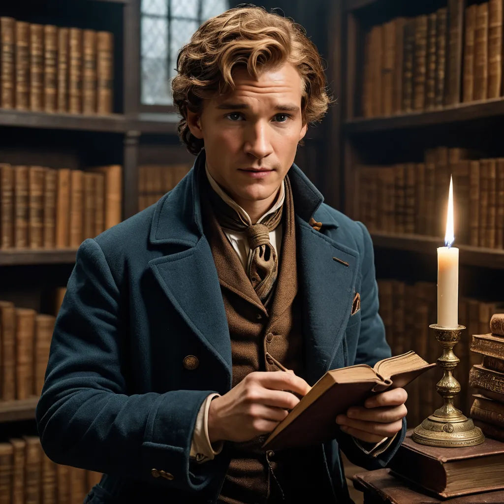 a man in a library holding a book and a candle in his hand and a book in his other hand, pre-raphaelitism, a character portrait, Augustus Dunbier, promotional image