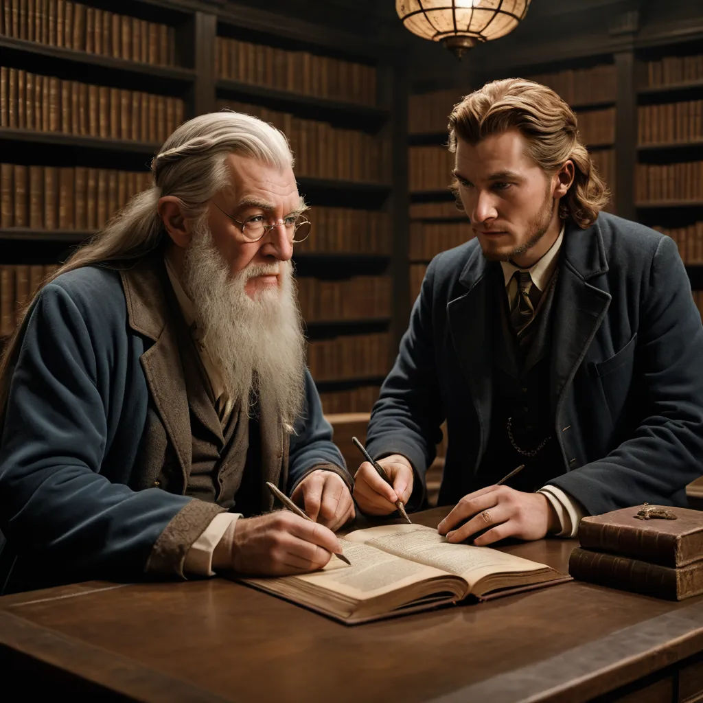 two men sitting at a table with books and a pen in their hands and one man with a long white beard, pre-raphaelitism, a colorized photo, Augustyn Mirys, promotional image