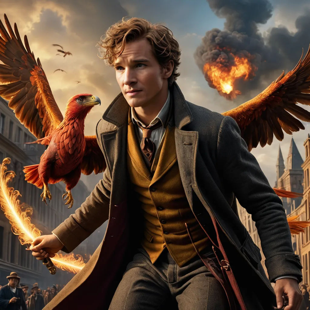a man holding a bird in his hand and a fire in his hand with a building in the background, symbolism, poster art, Cedric Seaut (Keos Masons), vfx