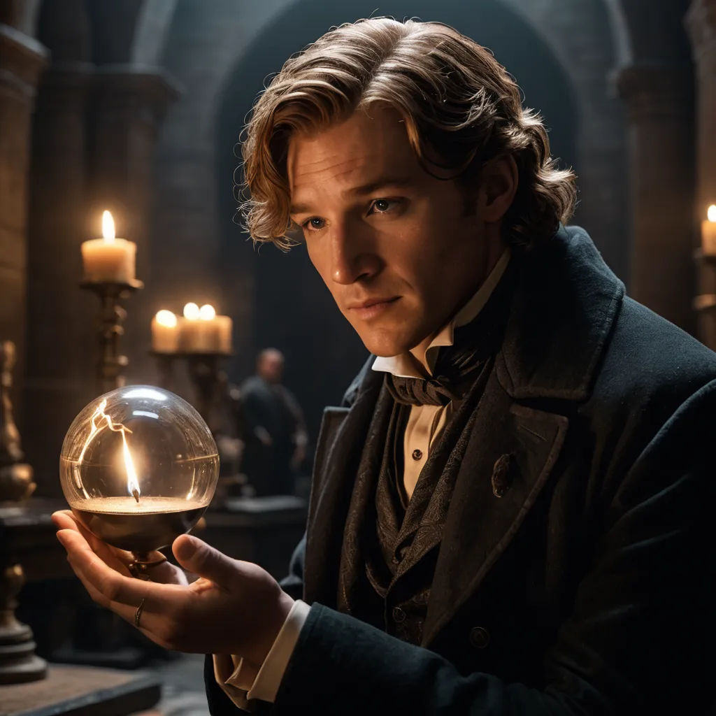 a man holding a crystal ball in a room with candles on the walls and a chandelier in the middle, aestheticism, a marble sculpture, Edward Bailey, promotional image