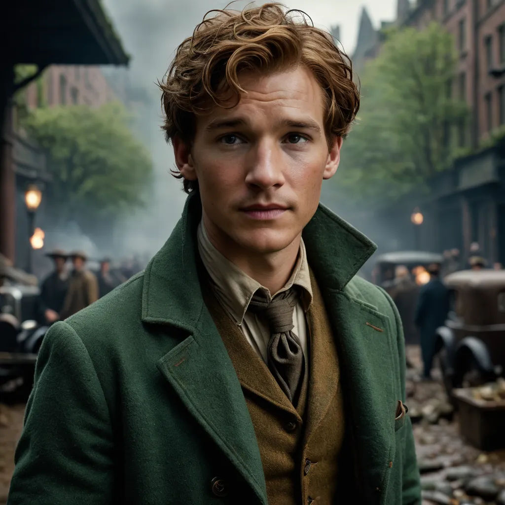 a man in a green coat and tie standing in a street with a crowd of people in the background, arts and crafts movement, a character portrait, Eugene Montgomery, promotional image
