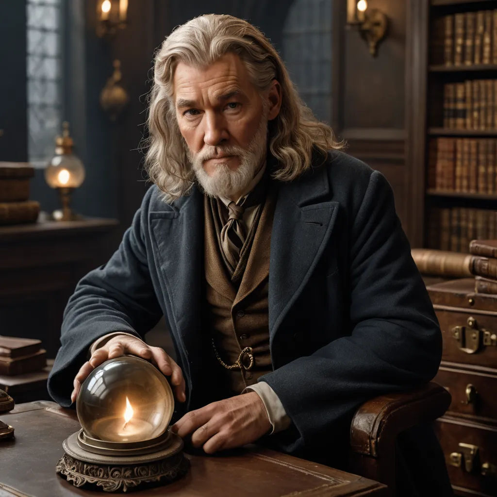a man sitting at a desk with a glass ball in his hand and a bookcase in the background, pre-raphaelitism, a character portrait, Bertram Brooker, promotional image