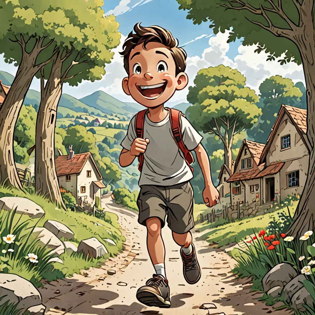 a boy running down a path in the woods with a backpack on his back and a house in the background, process art, a storybook illustration, Asaf Hanuka, comic cover art