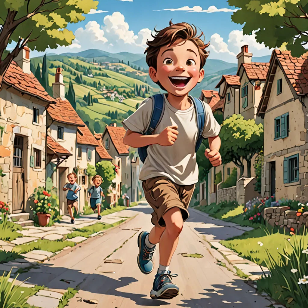 a boy running down a street with a backpack on his back and a backpack on his shoulder, with a village in the background, american scene painting, a storybook illustration, Brothers Hildebrandt, storybook illustration