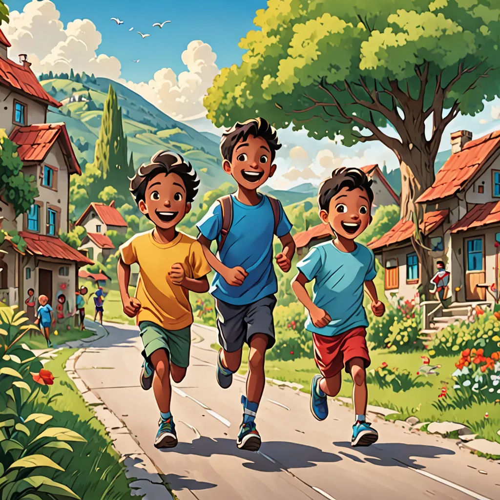 three children running down a road in a cartoon style, with a village in the background and a few houses, danube school, a storybook illustration, Brothers Hildebrandt, official art