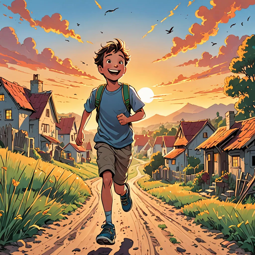a boy running down a dirt road in front of a sunset with houses and birds flying overhead in the background, process art, a comic book panel, Cliff Childs, comic cover art