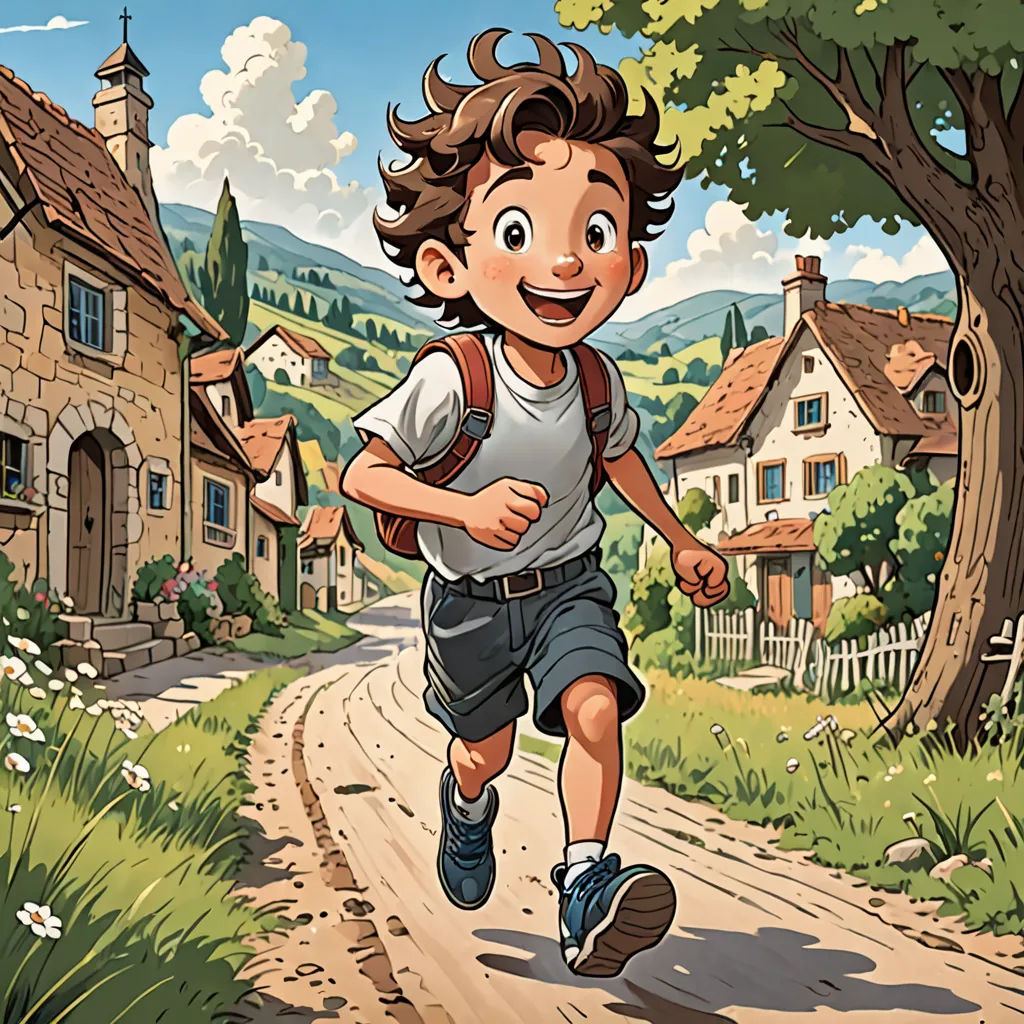 a boy running down a dirt road in front of a village with a tree and a house on the other side, process art, a storybook illustration, Asaf Hanuka, official art