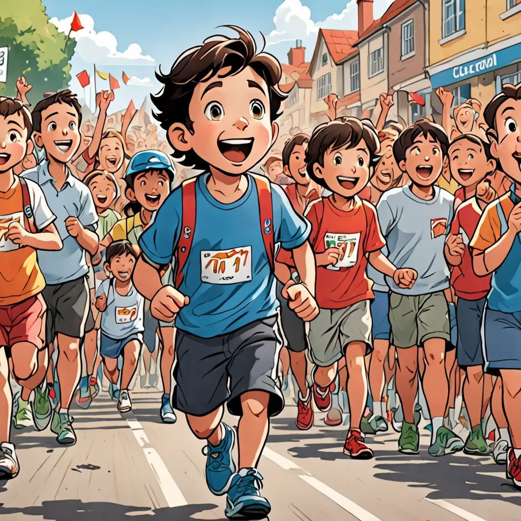 a cartoon of a boy running in a marathon with a crowd of people behind him and a street sign, samikshavad, a storybook illustration, Asaf Hanuka, official art