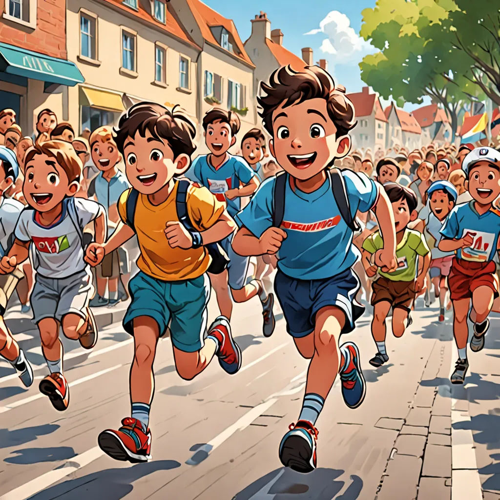 a group of children running down a street next to a crowd of people on a sidewalk with buildings in the background, paris school, a storybook illustration, Brothers Hildebrandt, official art