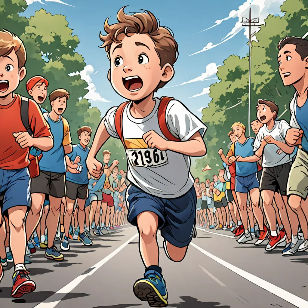 a cartoon of a boy running in a race with a crowd of people behind him watching him run the race, american realism, a comic book panel, Asaf Hanuka, rossdraws global illumination