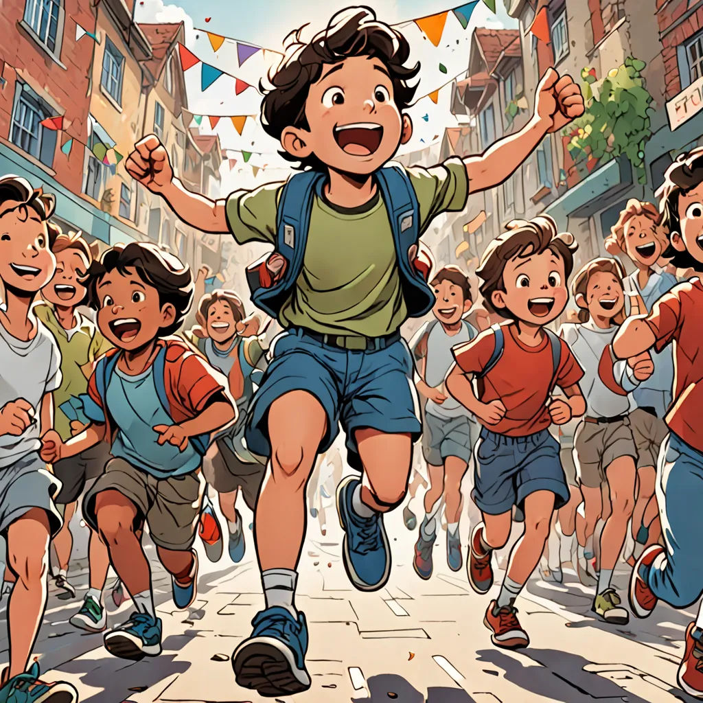 a cartoon of a boy running in a race with other children running behind him and a banner of flags, paris school, a comic book panel, Asaf Hanuka, official art