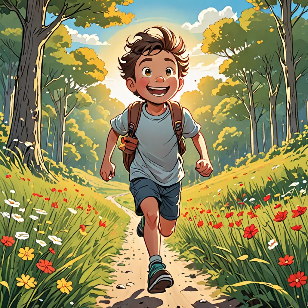 a boy running down a path in the woods with flowers on the ground and trees in the background,, process art, a storybook illustration, Asaf Hanuka, rossdraws global illumination