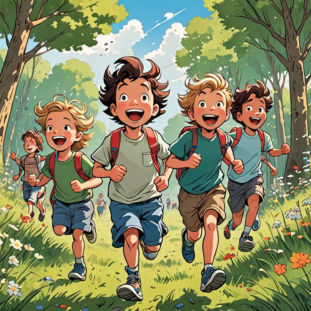a group of kids running in the woods together with a dog in the background and a dog in the foreground, paris school, a storybook illustration, Brothers Hildebrandt, official art
