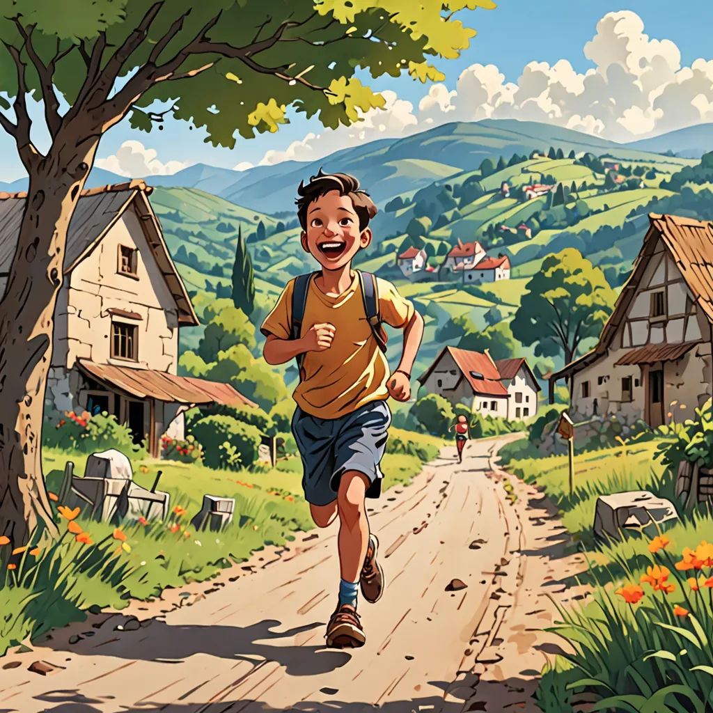 a boy running down a dirt road in front of a house and a tree with a mountain in the background, american scene painting, a storybook illustration, Chris LaBrooy, storybook illustration
