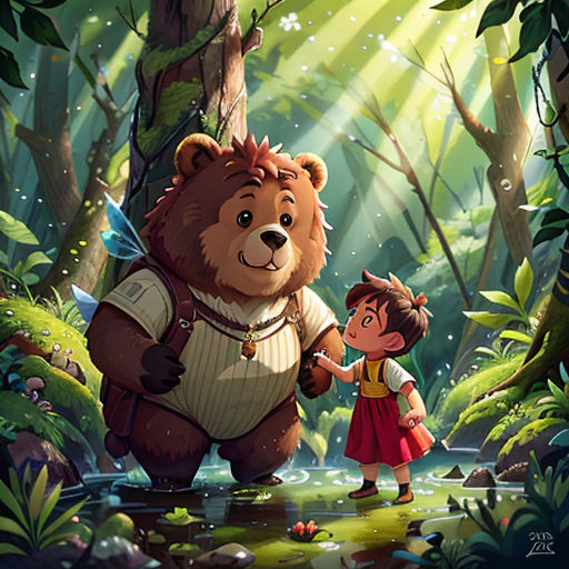 a bear and a girl in a forest with a light shining on them and a bear holding hands with a girl