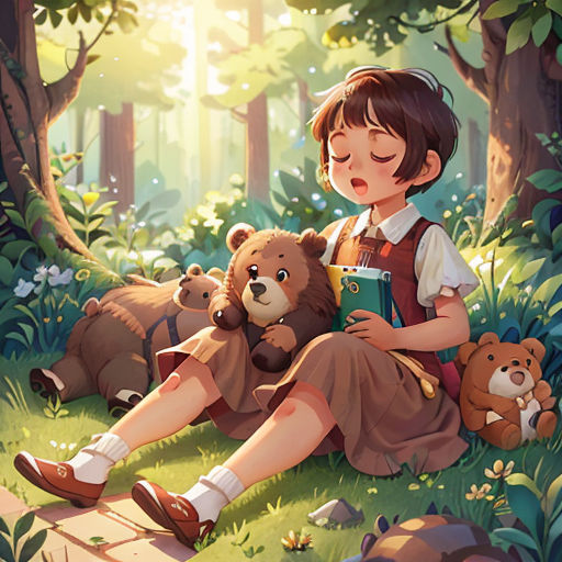 a girl sitting on the ground with a teddy bear and a book in her hands and a bear cub in her lap