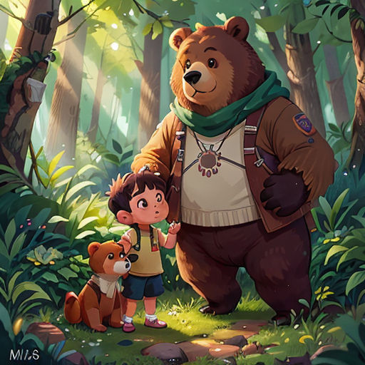 a bear and a girl in the woods with a bear on their back and a bear on their arm