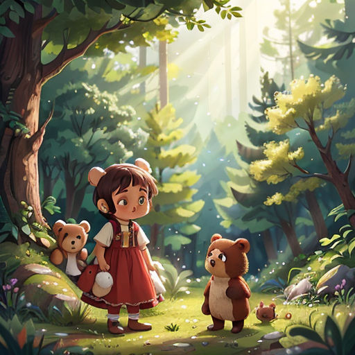a little girl standing in the woods with two teddy bears and a bear cub in front of her,